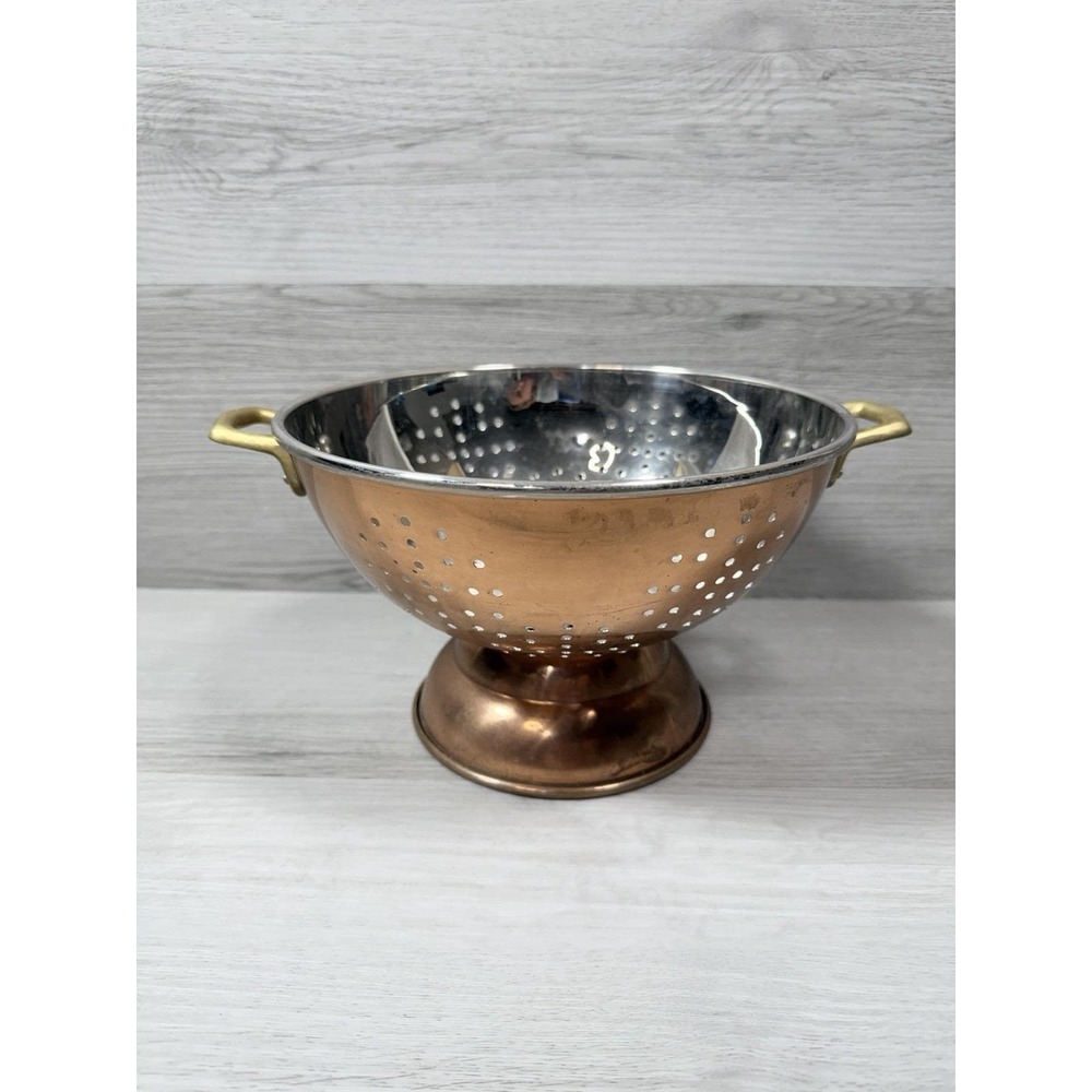 Vintage Solid Copper Pedestal Colander Strainer Brass Handles Stainless